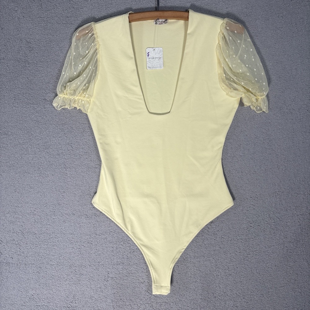 Free People Intimately Butter Yellow Puff Sleeve Mesh Polka Dot Bodysuit S NWT